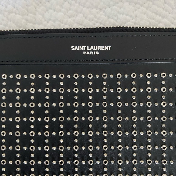 NEW YSL POUCH CASE BLACK LEATHER W SILVER GROMMETS - Picture 7 of 8